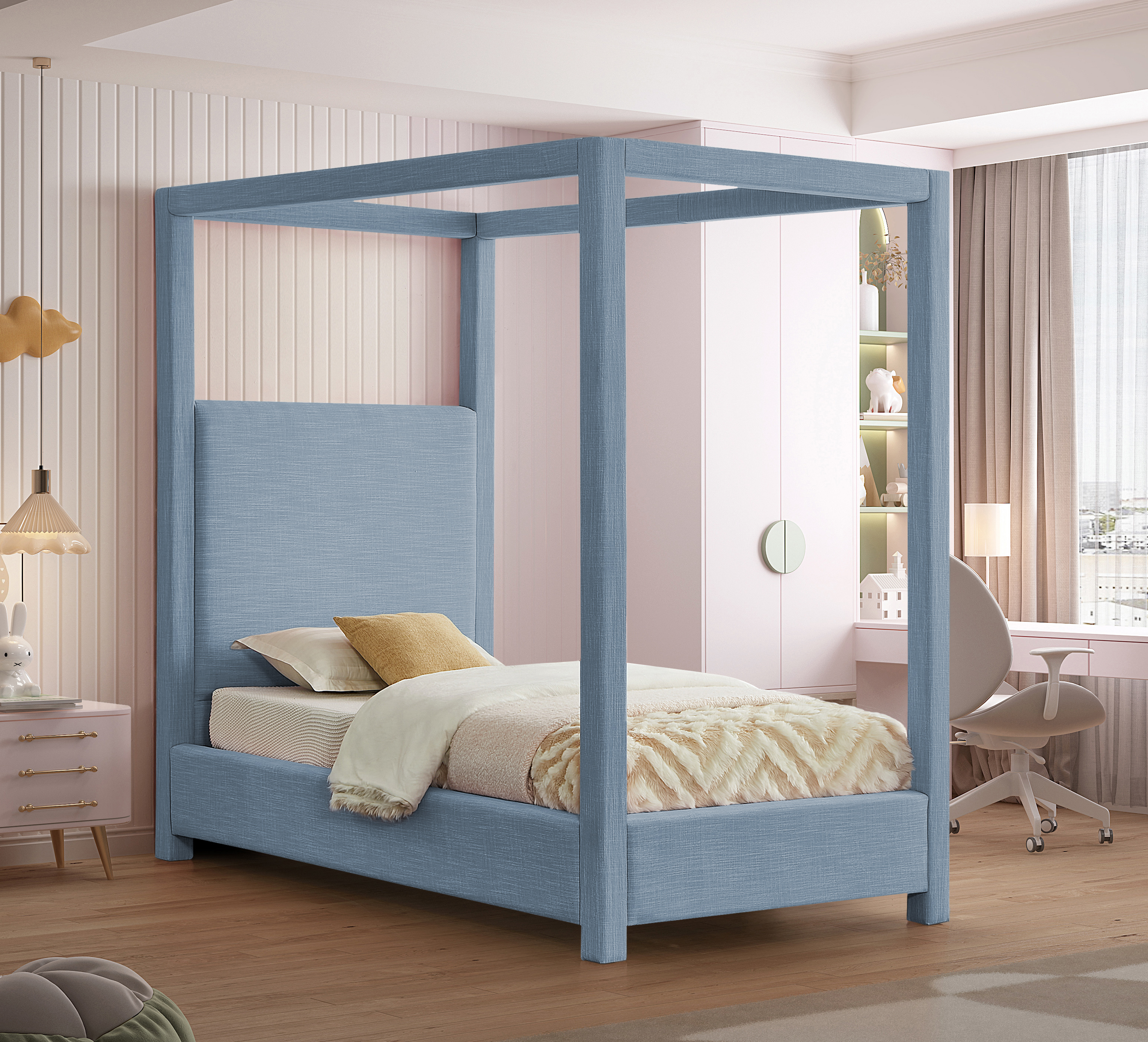 Emet Skyblu Linen Textured Fabric Upholstered Twin Bed