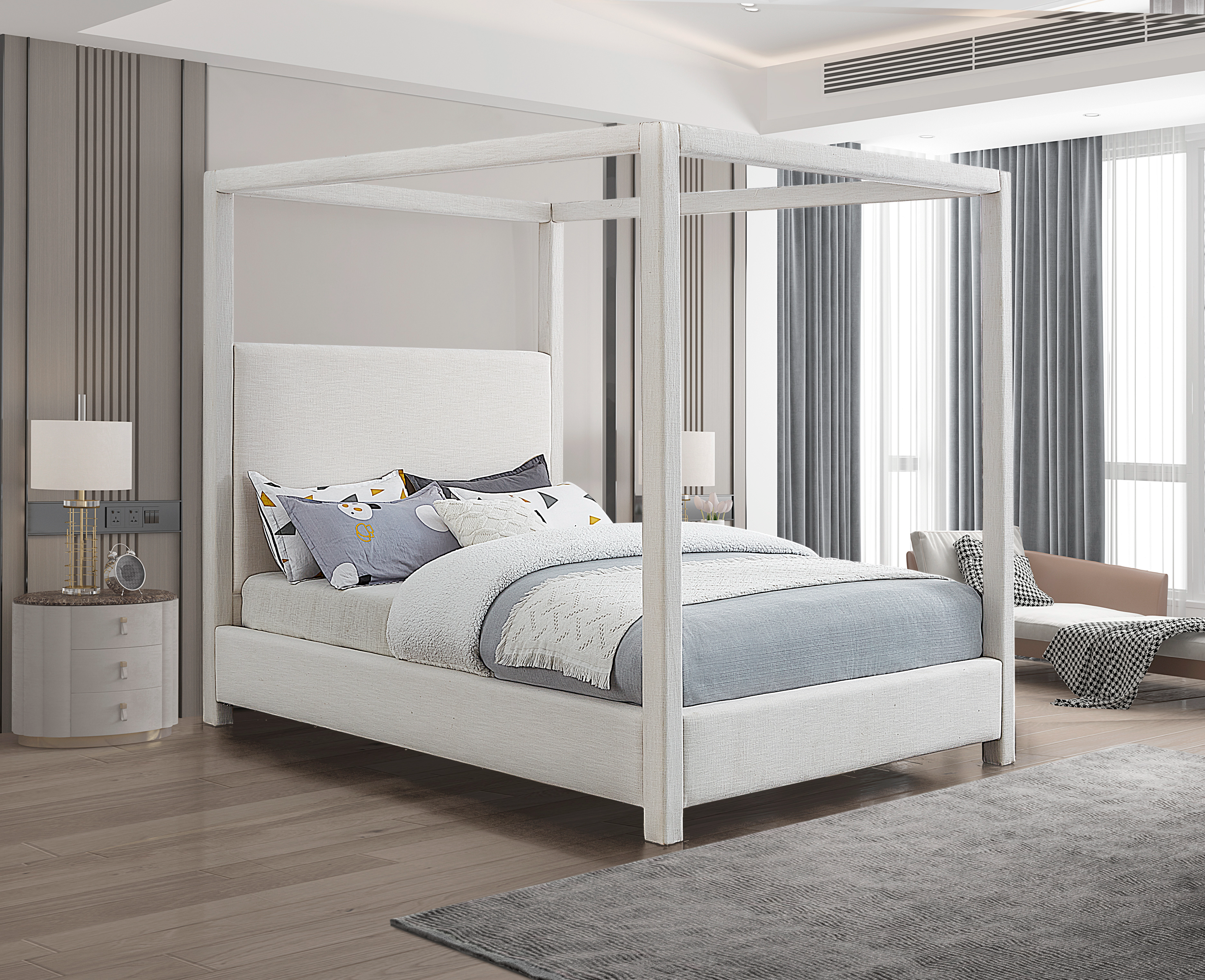 Emet Cream Linen Textured Fabric Upholstered Queen Bed