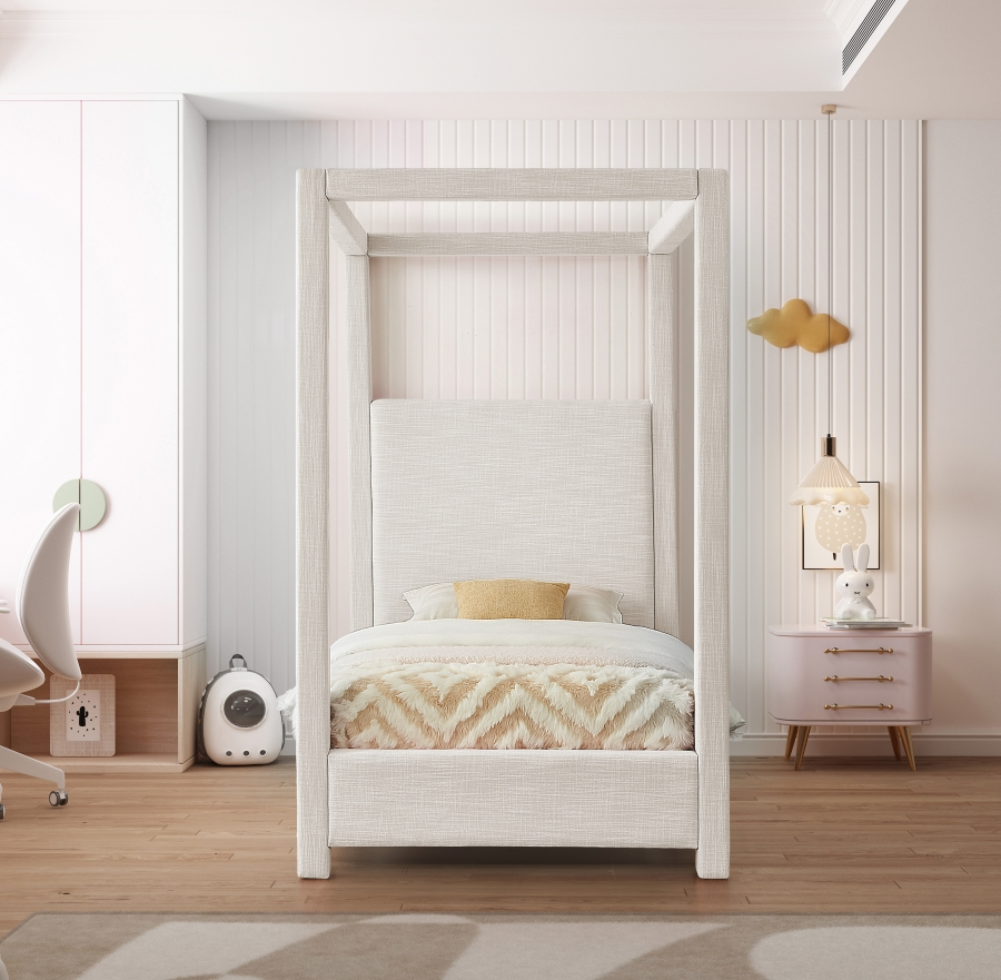 Emet Cream Linen Textured Fabric Upholstered Twin Bed