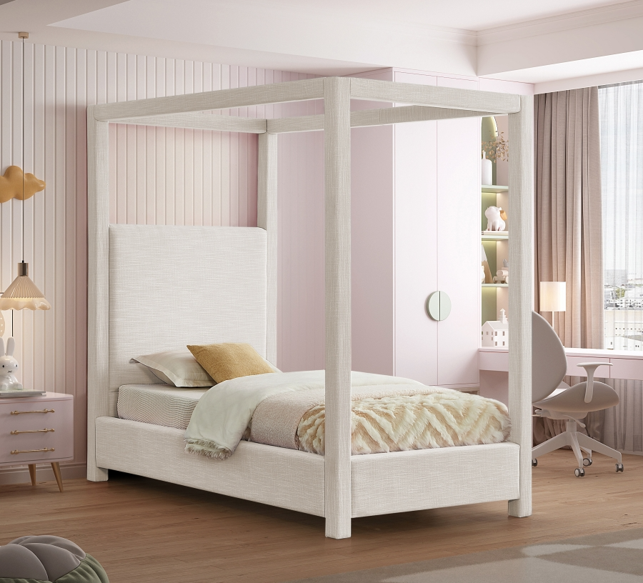 Emet Cream Linen Textured Fabric Upholstered Twin Bed