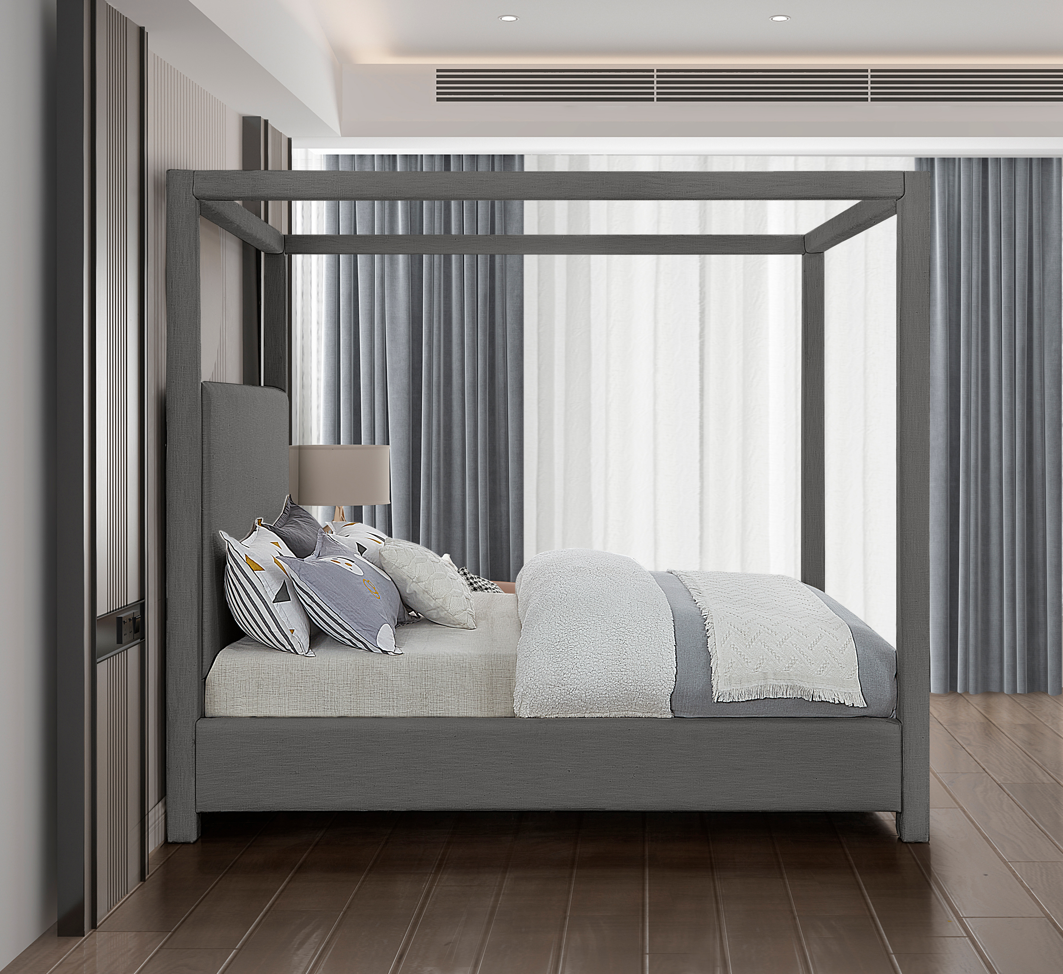 Emet Grey Linen Textured Fabric Upholstered King Bed