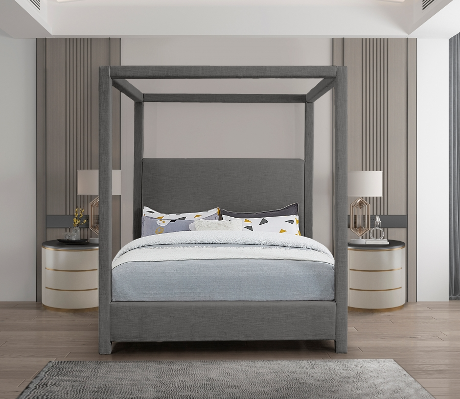 Emet Grey Linen Textured Fabric Upholstered King Bed