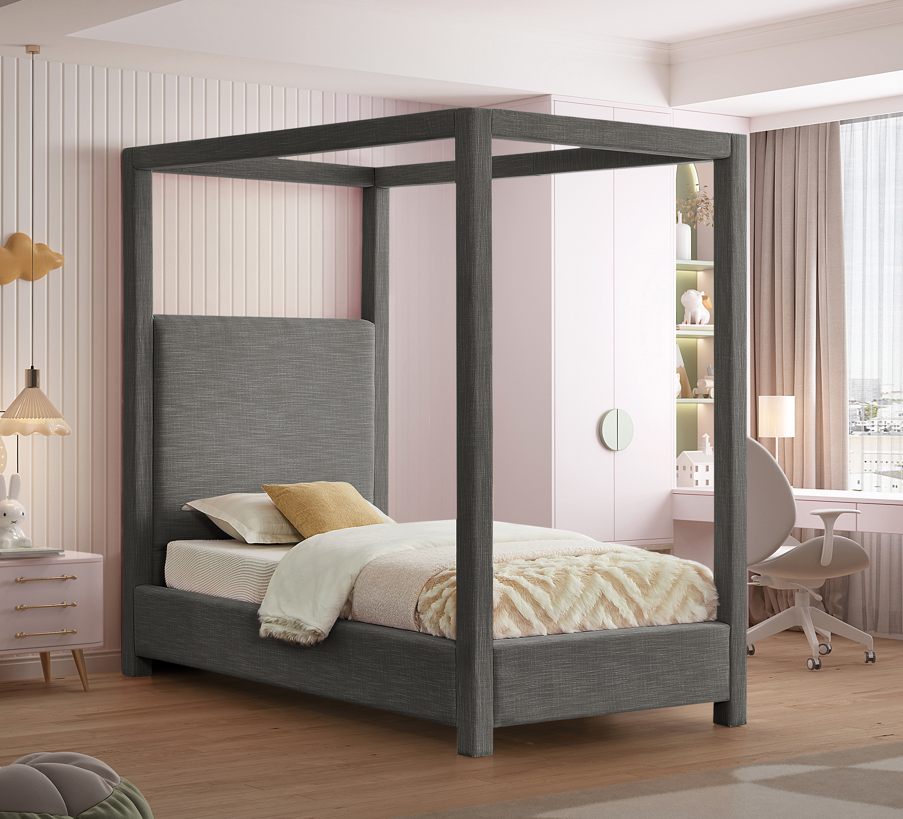 Emet Grey Linen Textured Fabric Upholstered Twin Bed