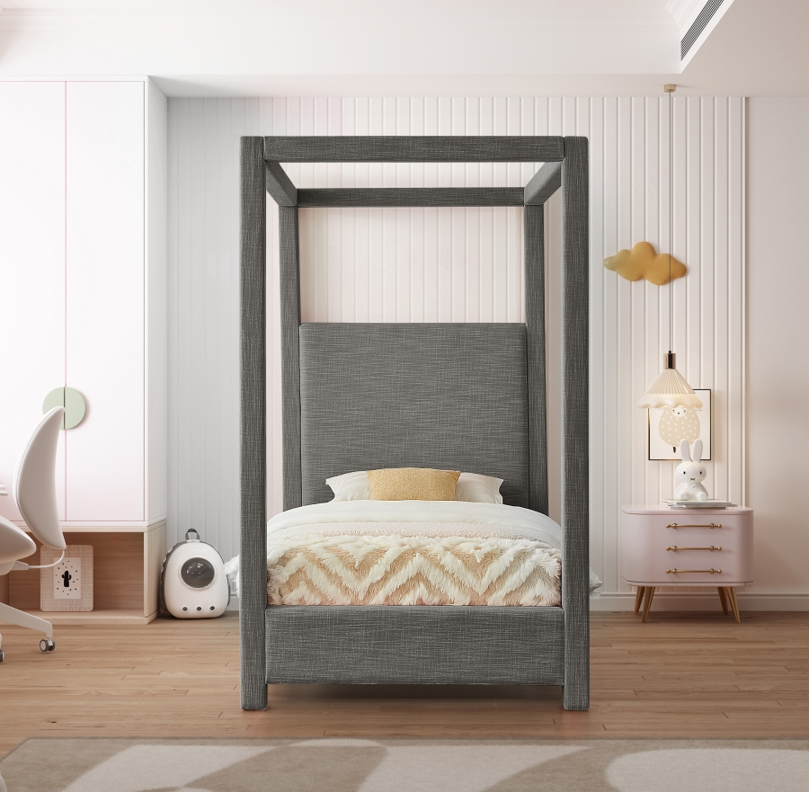 Emet Grey Linen Textured Fabric Upholstered Twin Bed