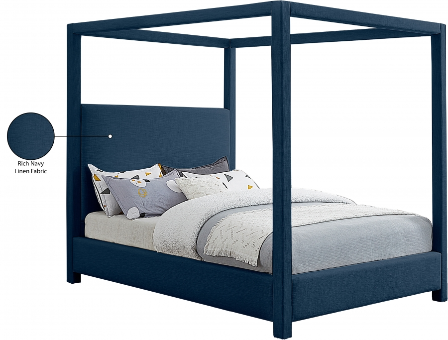 Emet Navy Linen Textured Fabric Upholstered King Bed