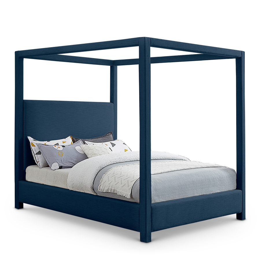 Emet Navy Linen Textured Fabric Upholstered Queen Bed