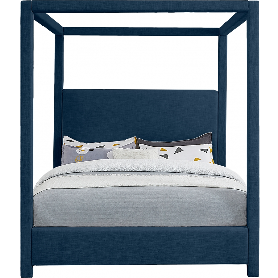 Emet Navy Linen Textured Fabric Upholstered King Bed