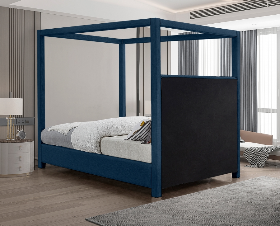 Emet Navy Linen Textured Fabric Upholstered Queen Bed