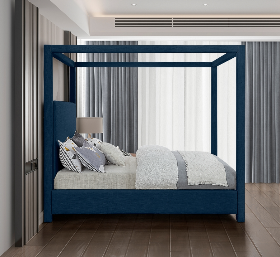 Emet Navy Linen Textured Fabric Upholstered Full Bed