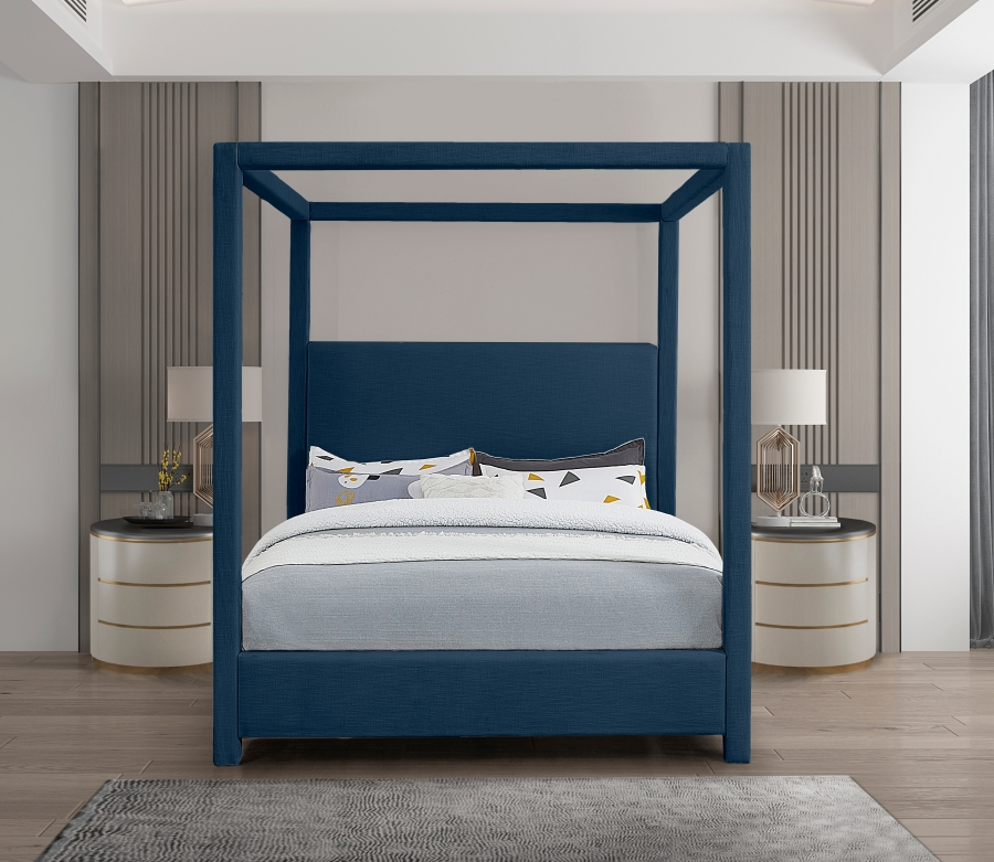 Emet Navy Linen Textured Fabric Upholstered Queen Bed