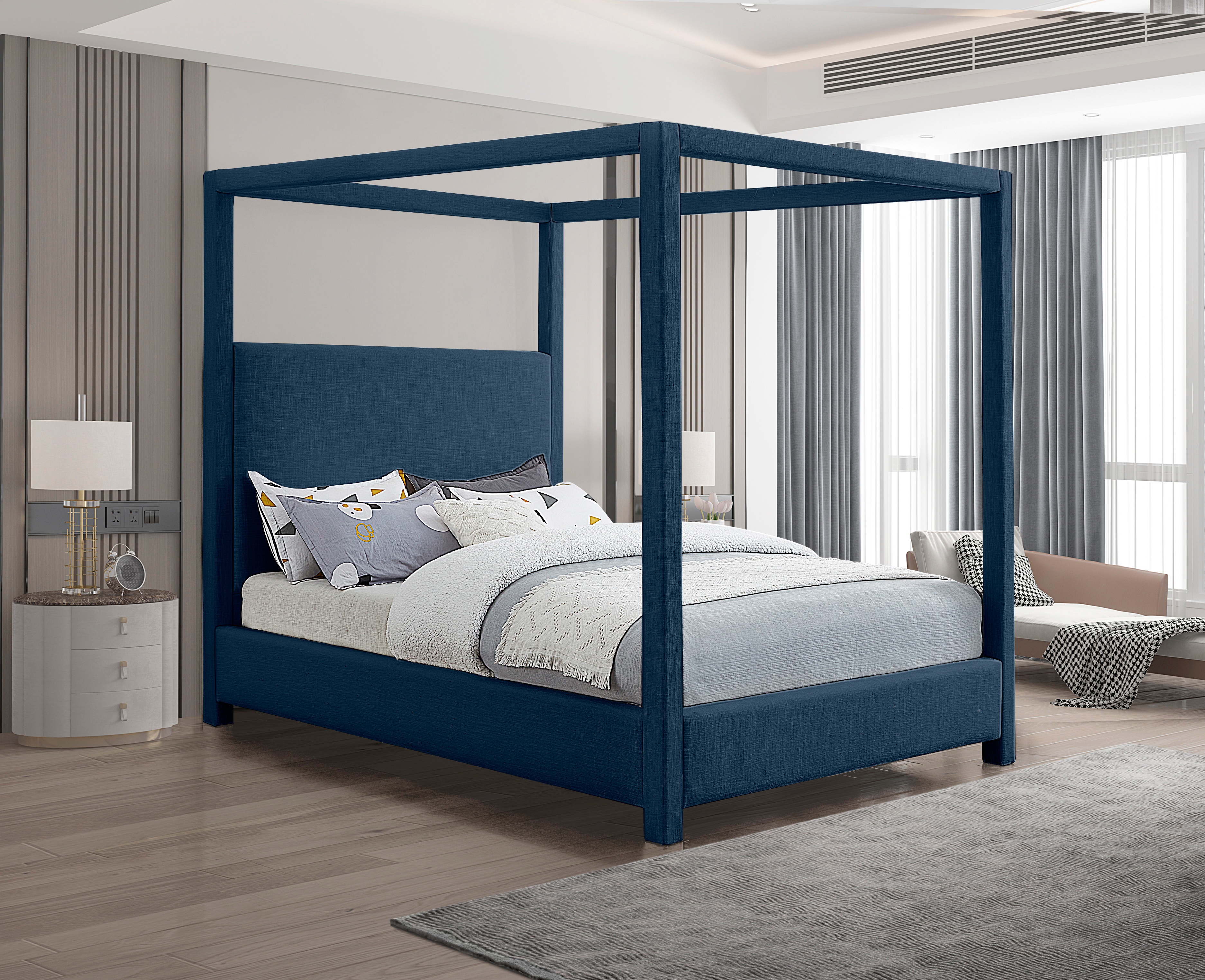 Emet Navy Linen Textured Fabric Upholstered Full Bed