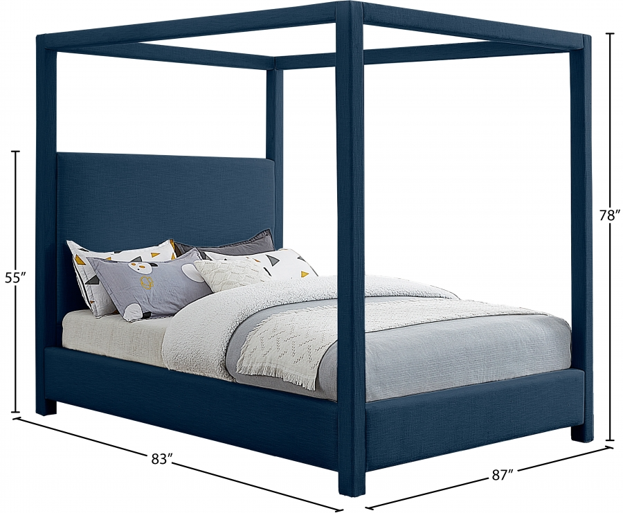 Emet Navy Linen Textured Fabric Upholstered King Bed