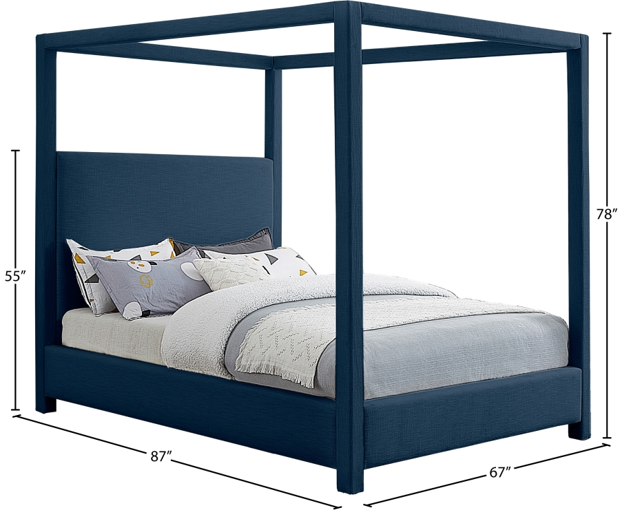 Emet Navy Linen Textured Fabric Upholstered Queen Bed