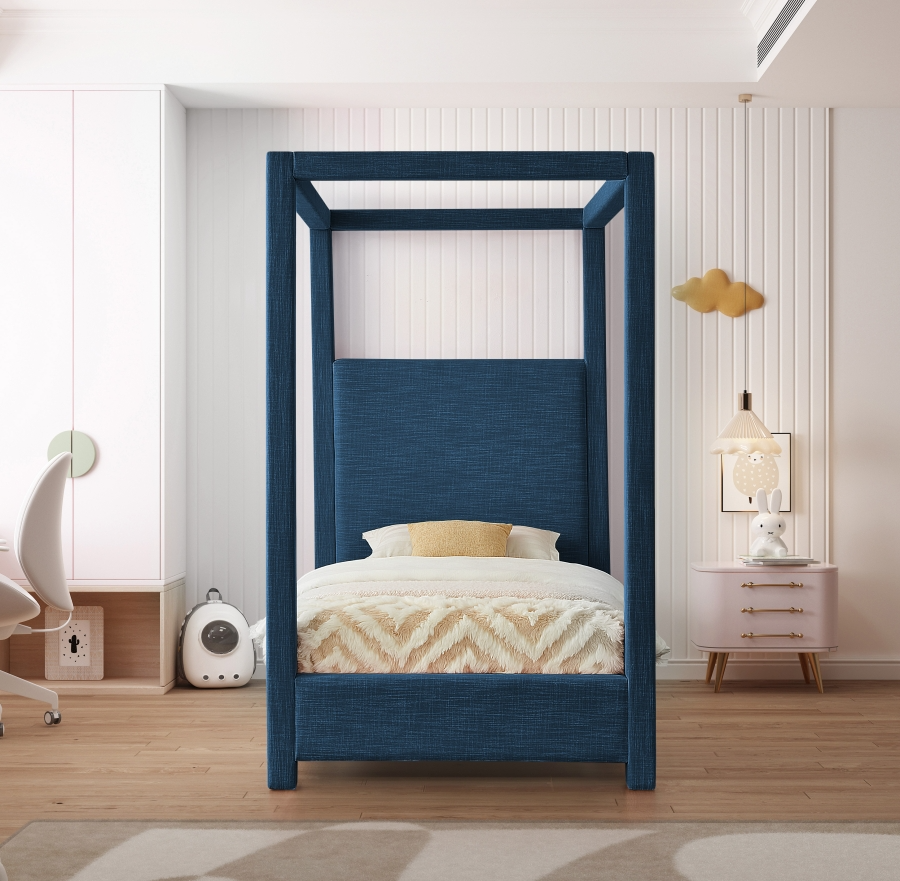Emet Navy Linen Textured Fabric Upholstered Twin Bed