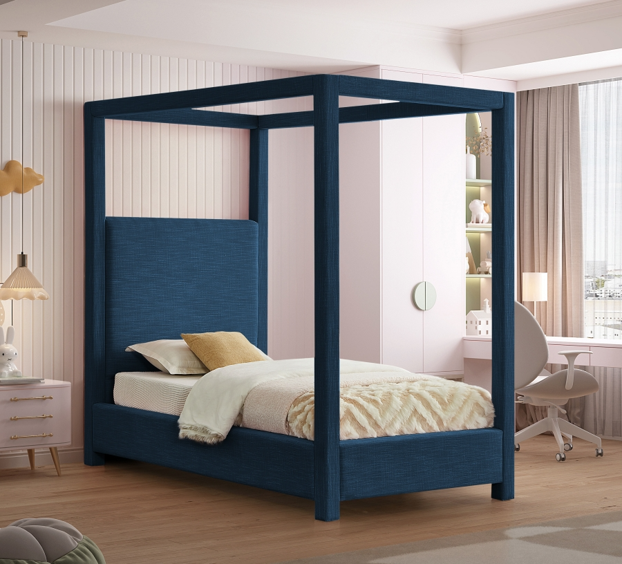 Emet Navy Linen Textured Fabric Upholstered Twin Bed