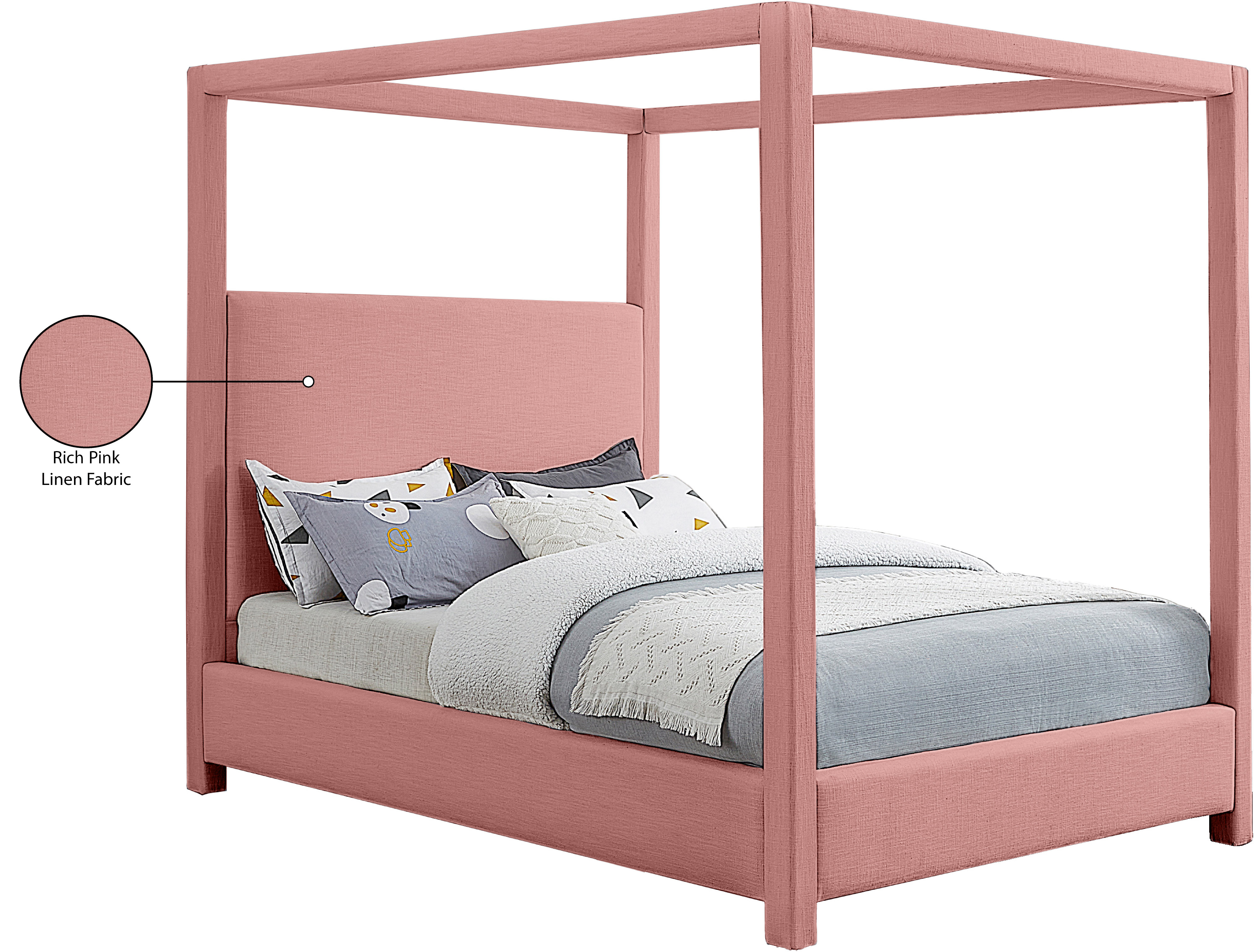Emet Pink Linen Textured Fabric Upholstered King Bed