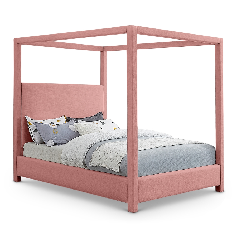 Emet Pink Linen Textured Fabric Upholstered King Bed