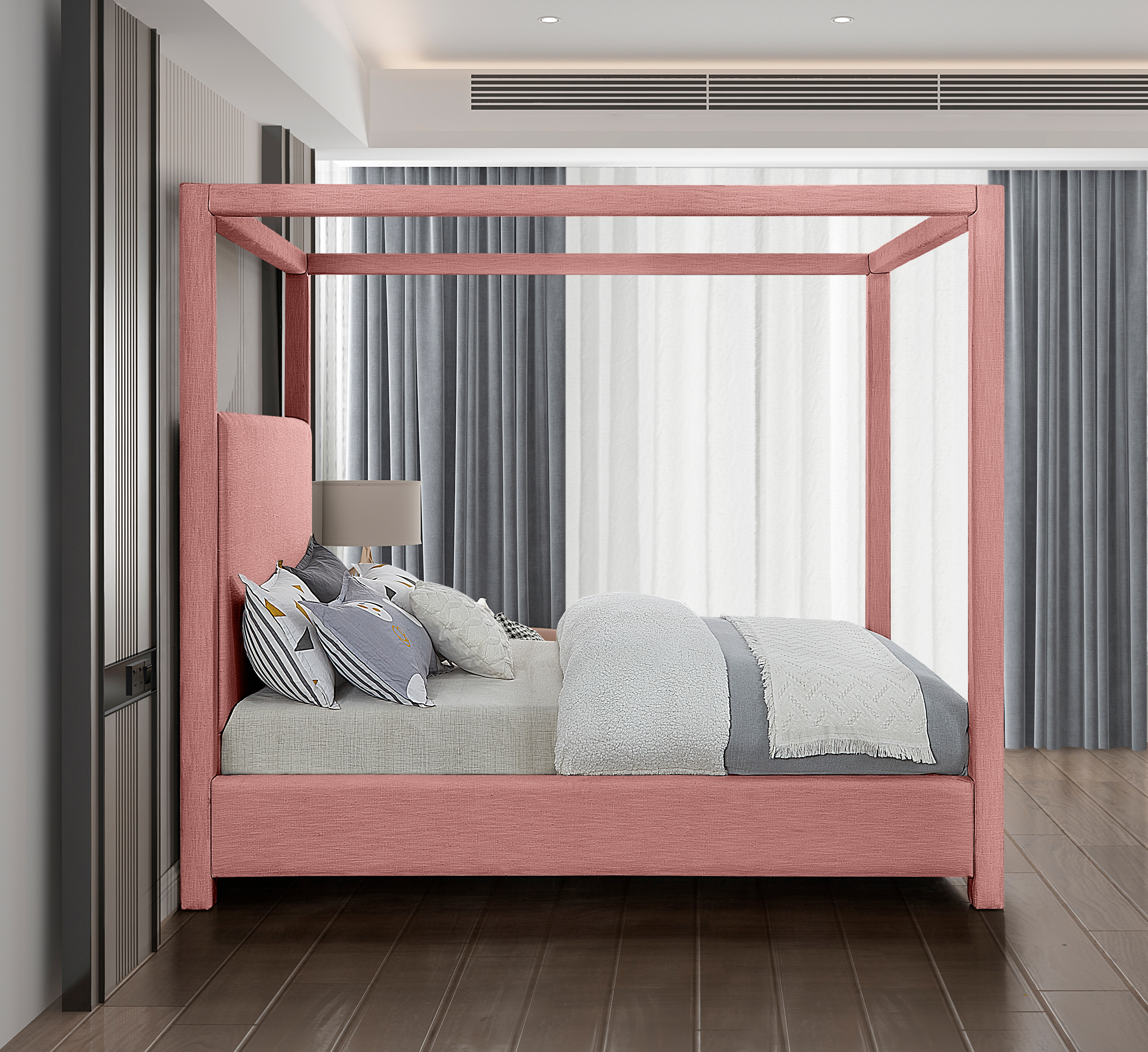 Emet Pink Linen Textured Fabric Upholstered King Bed