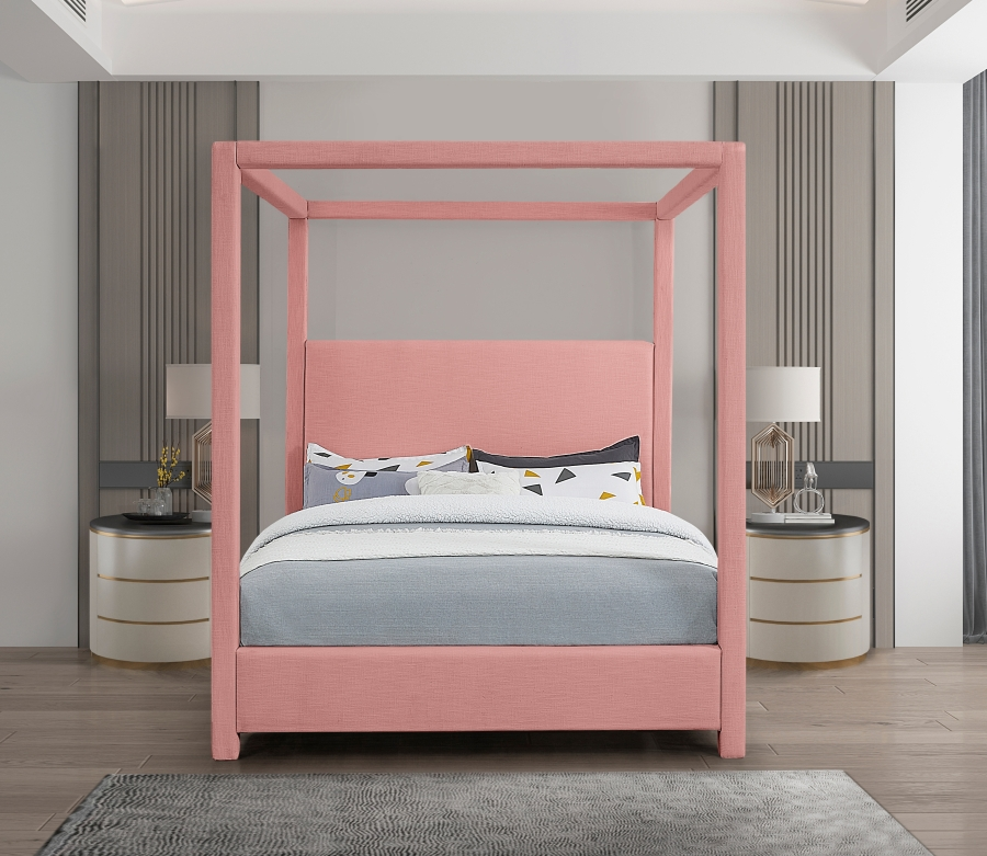 Emet Pink Linen Textured Fabric Upholstered King Bed