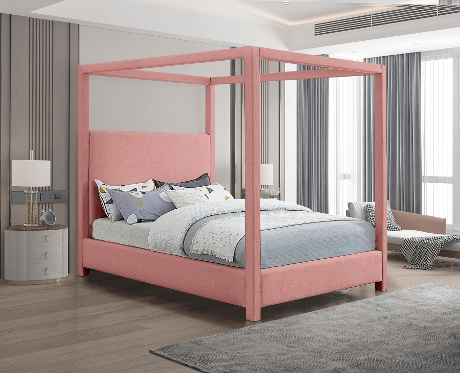 Emet Pink Linen Textured Fabric Upholstered King Bed
