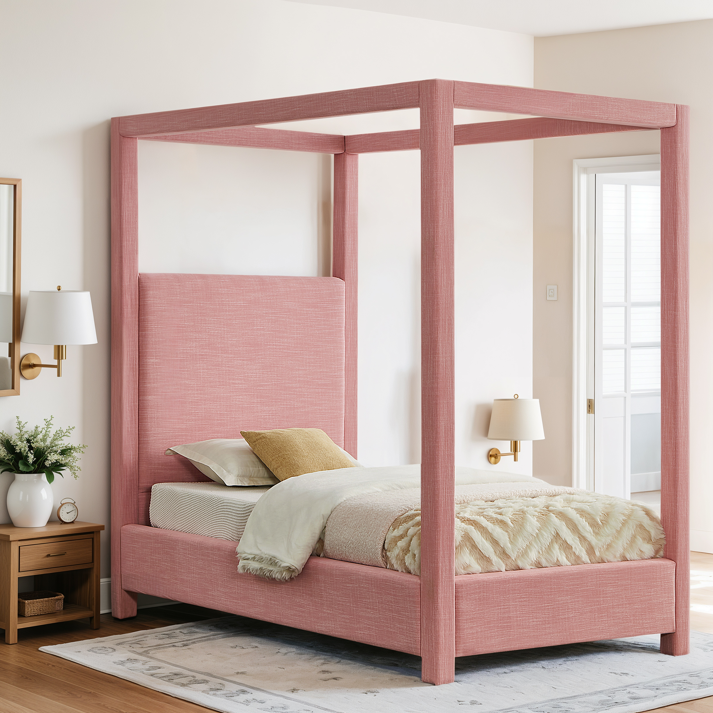 Emet Pink Linen Textured Fabric Upholstered Twin Bed