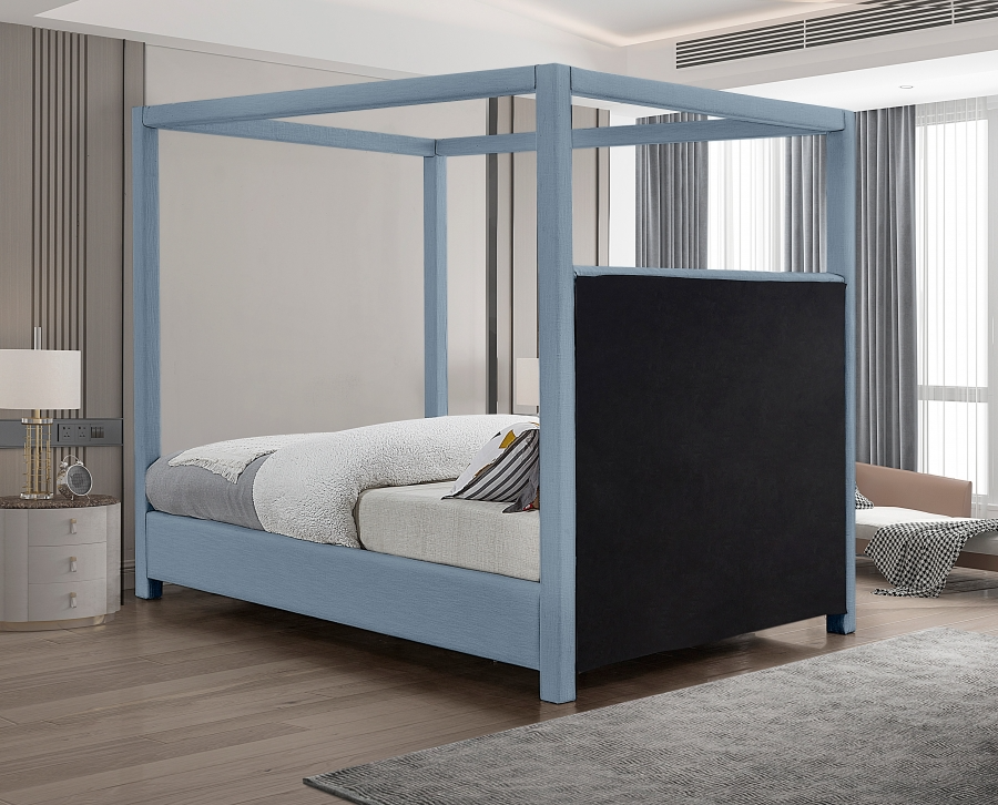 Emet Skyblue Linen Textured Fabric Upholstered Queen Bed