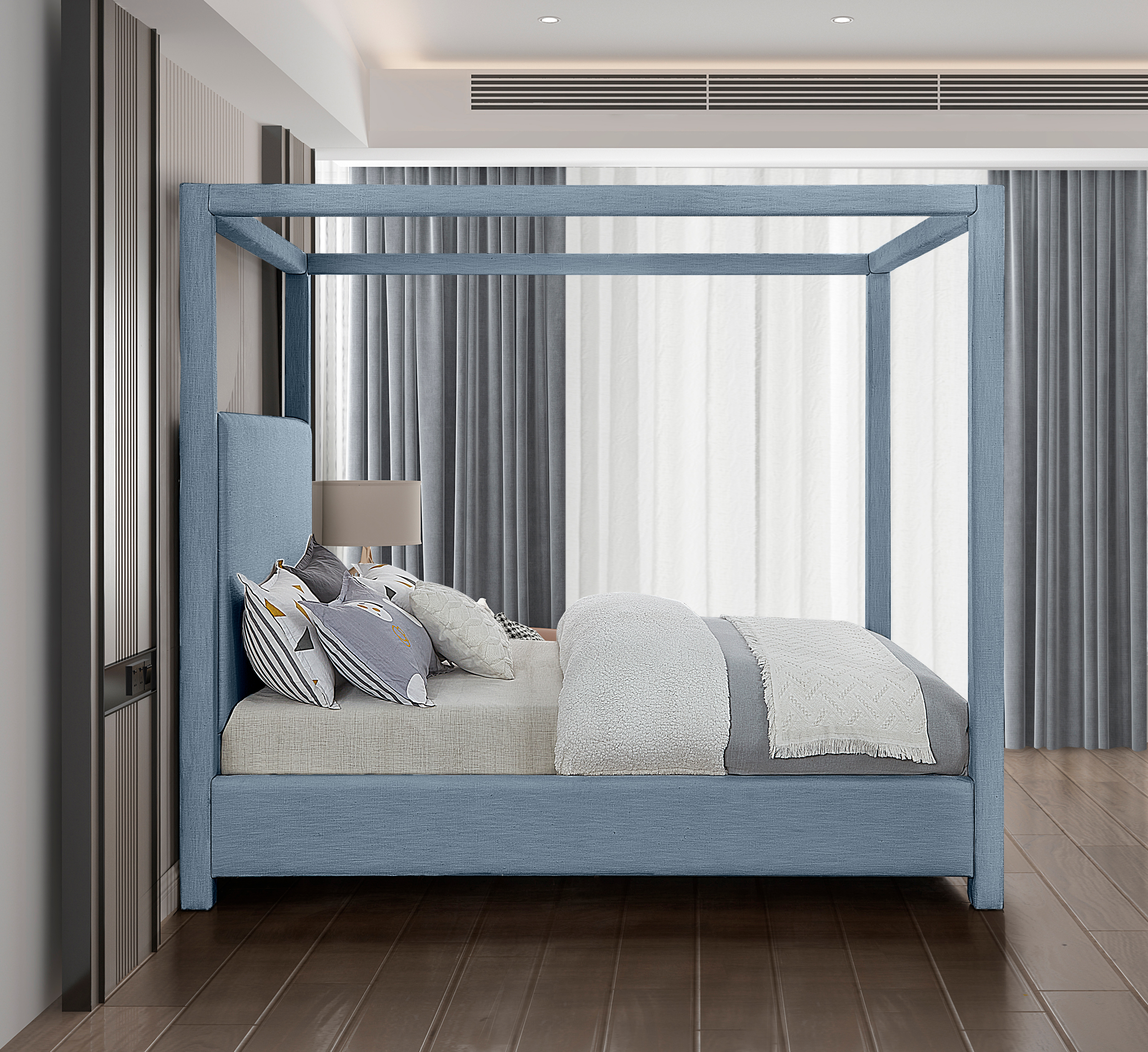 Emet Skyblu Linen Textured Fabric Upholstered King Bed
