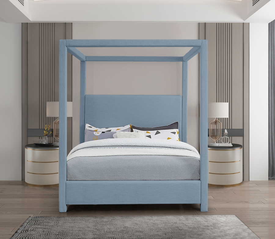 Emet Skyblue Linen Textured Fabric Upholstered Queen Bed